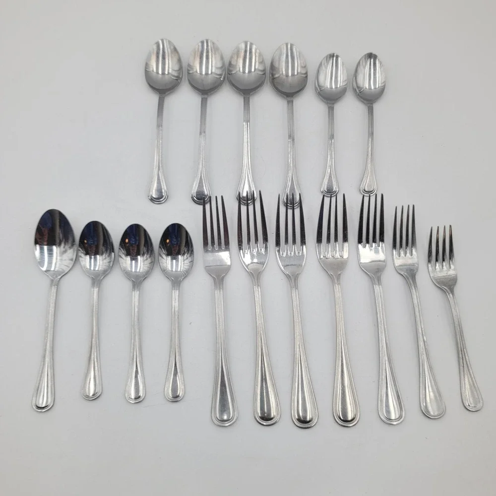 17pc Mixed Stainless Steel Flatware Lot Ribbed Border Spoons and Forks